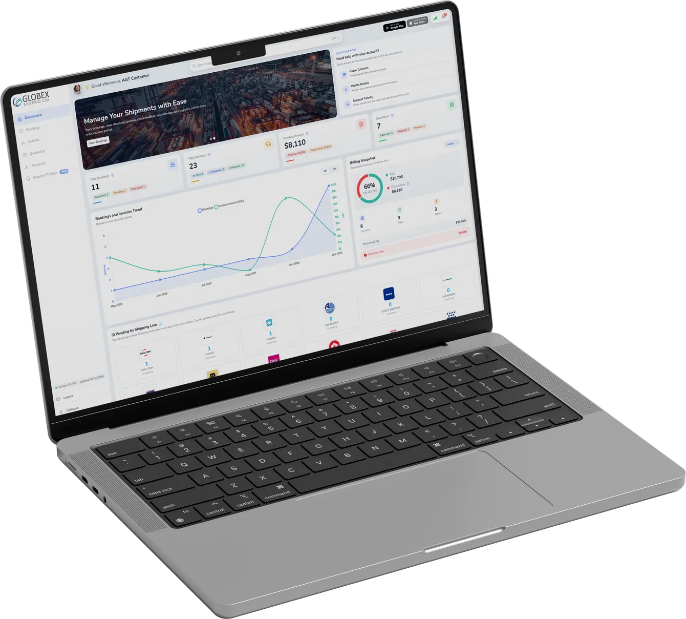 Globex customer portal dashboard on a laptop